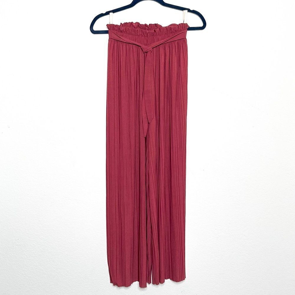 Pink High-Waisted Pleated Wide-Leg Pants with Tie Belt, Size 2